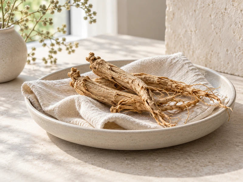 Illustrative dried botanical roots on linen and a ceramic plate