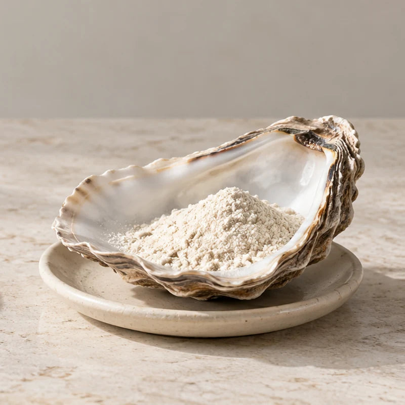 Illustrative oyster shell and pale powder on ivory ceramic