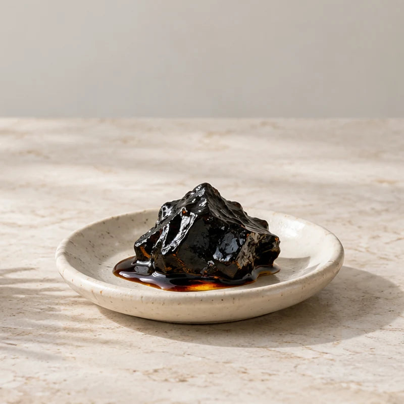 Illustrative close-up of dark shilajit resin on an ivory dish